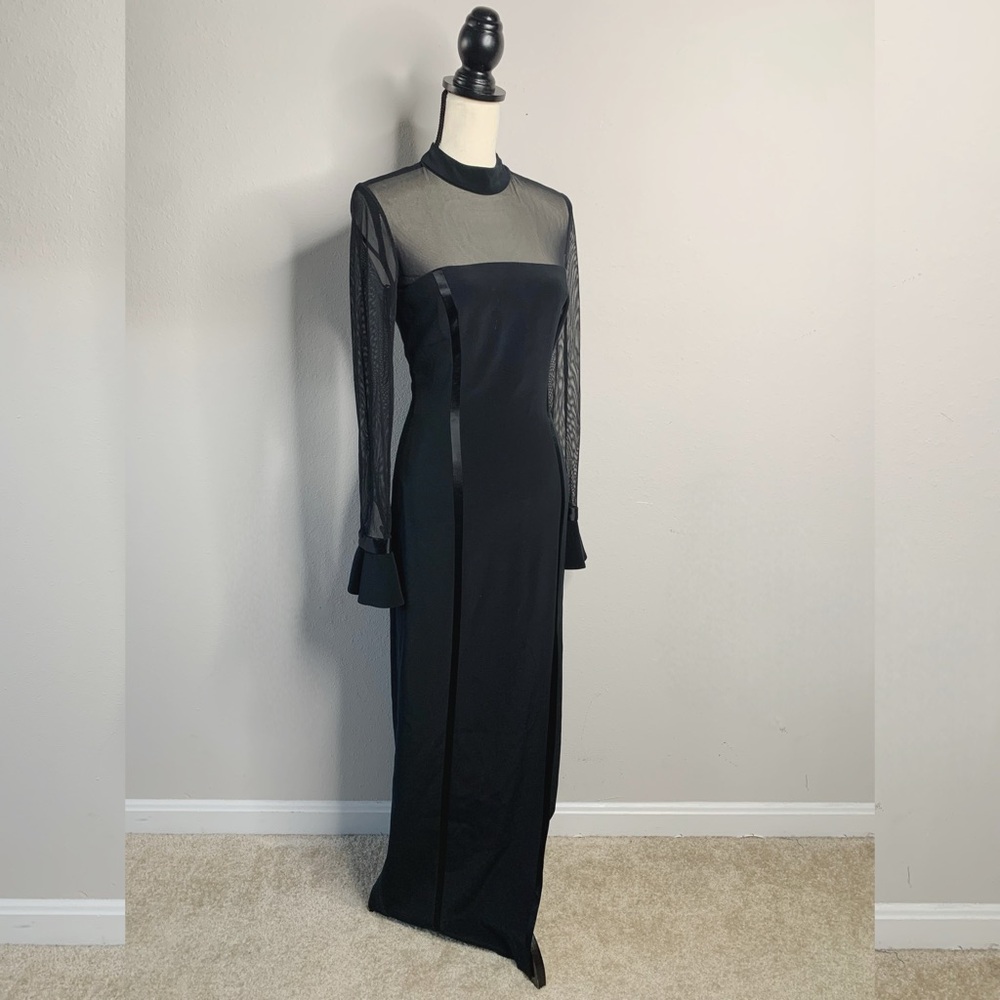 Oleg Cassini Black Sheer Mesh Long Sleeve High Split Maxi Formal Maxi Gown - Picture 3 of 16